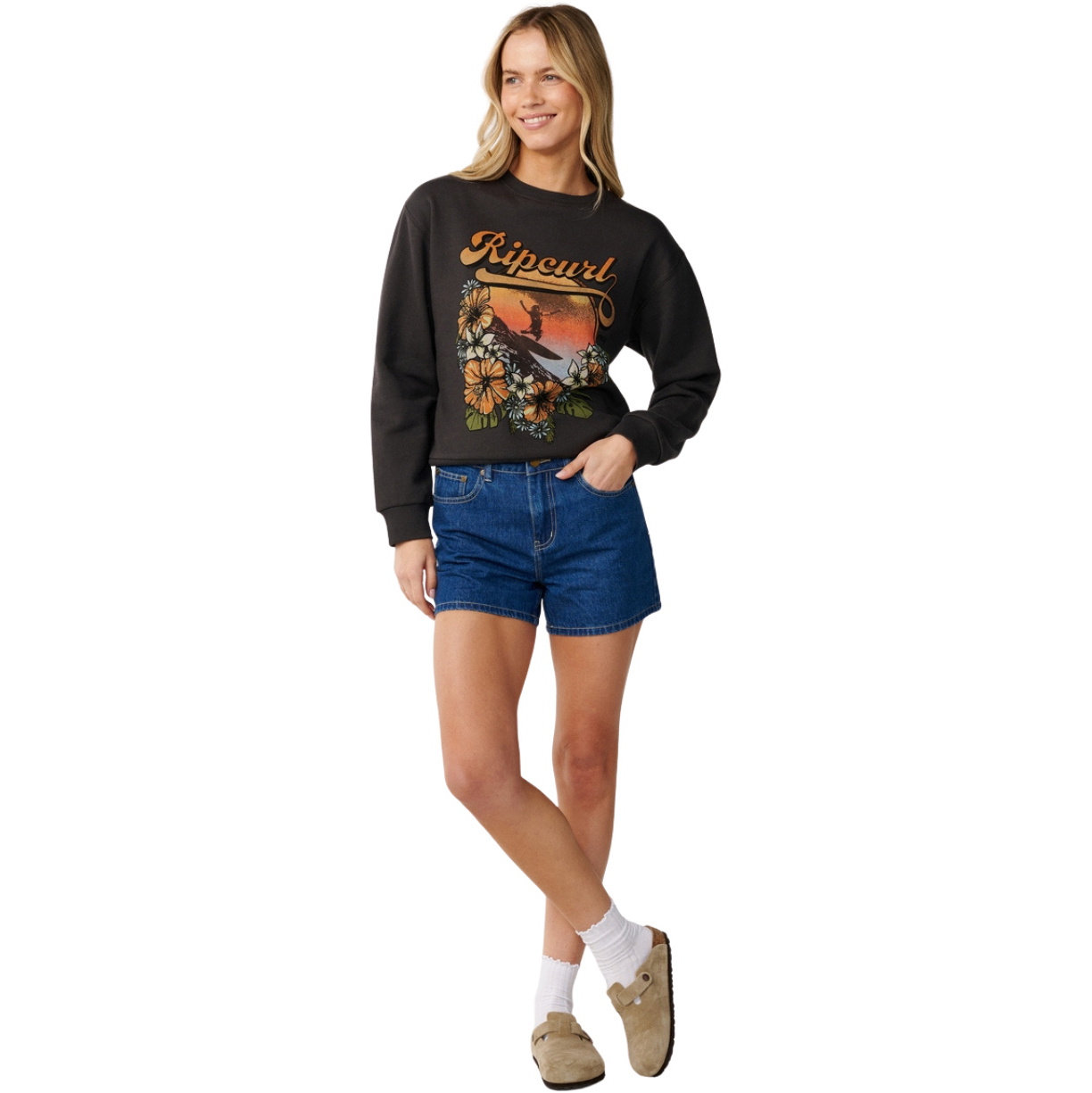 2026 Rip Curl Womens Wave Standard Crew Sweatshirt 0CWWFL - Washed Black
